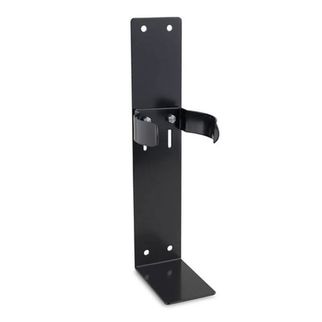 The Allegro Escape Breathing Apparatus (EBA) Bracket 4110-04 is a black metal wall bracket with adjustable straps by Allegro, designed to securely hold cylindrical objects like escape breathing apparatuses.