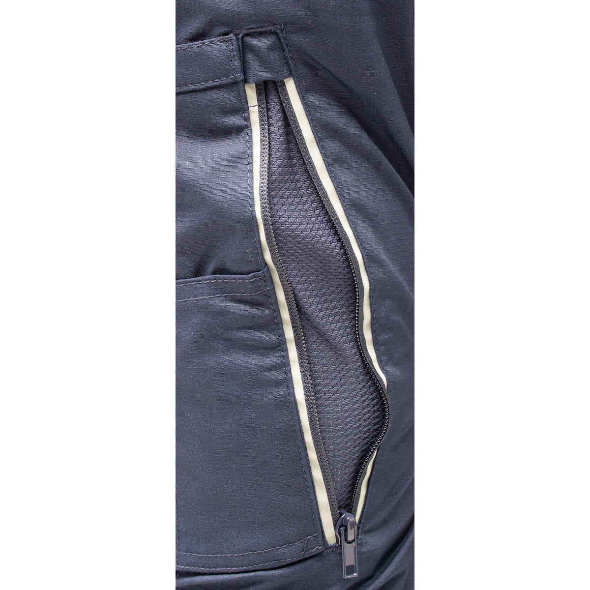 Close-up of a dark-colored jacket with a visible mesh-lined zipper pocket, reminiscent of the innovative design seen in NSA's PIP Bisley Women's Stretch Ripstop Vented Work Pants. The zipper is open, revealing the contrasting light interior fabric, similar to X-Airflow Ventilation's cooling effect.