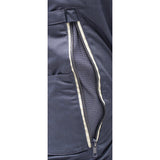 Close-up of a dark-colored jacket with a visible mesh-lined zipper pocket, reminiscent of the innovative design seen in NSA's PIP Bisley Women's Stretch Ripstop Vented Work Pants. The zipper is open, revealing the contrasting light interior fabric, similar to X-Airflow Ventilation's cooling effect.