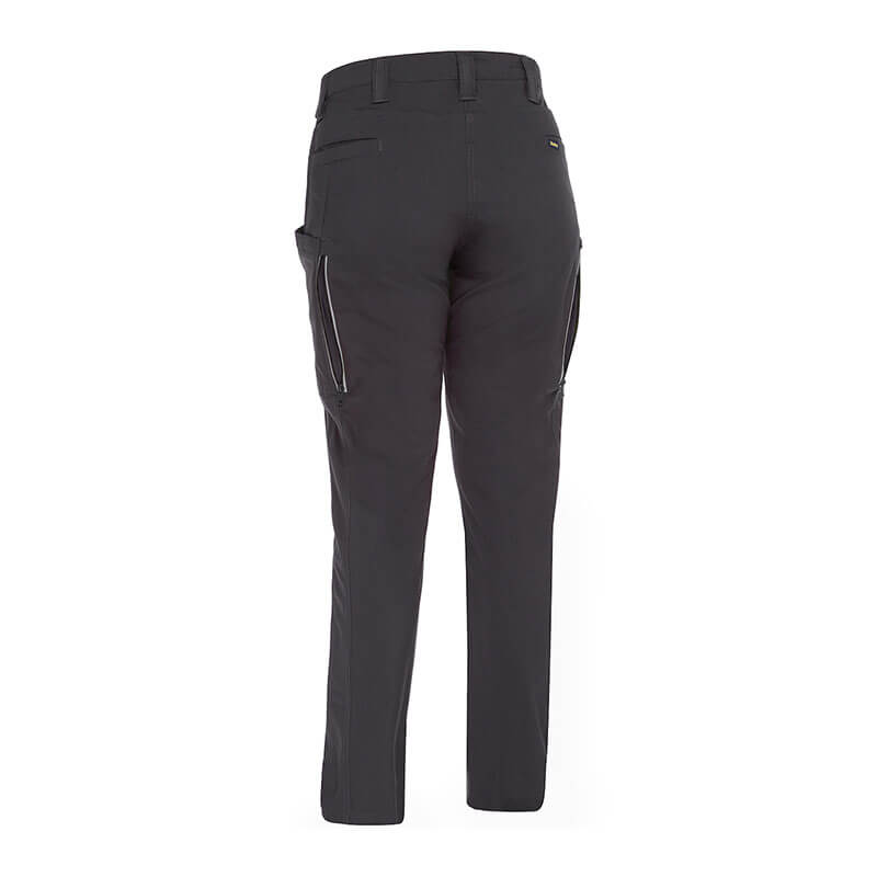 Rear view of dark-colored pants with a sleek design featuring double zippered pockets on the sides and belt loops at the waist. The NSA PIP Bisley Women's Stretch Ripstop Vented Work Pants with X-Airflow Ventilation provide UPF 50+, making them ideal for outdoor or casual wear.