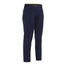 The PIP Bisley Women's Stretch Ripstop Vented Work Pants by NSA, in navy blue, feature multiple pockets and a contrasting yellow waistband. They offer UPF 50+ protection and are enhanced with X-Airflow Ventilation for added comfort. The pants are presented against a plain white background.