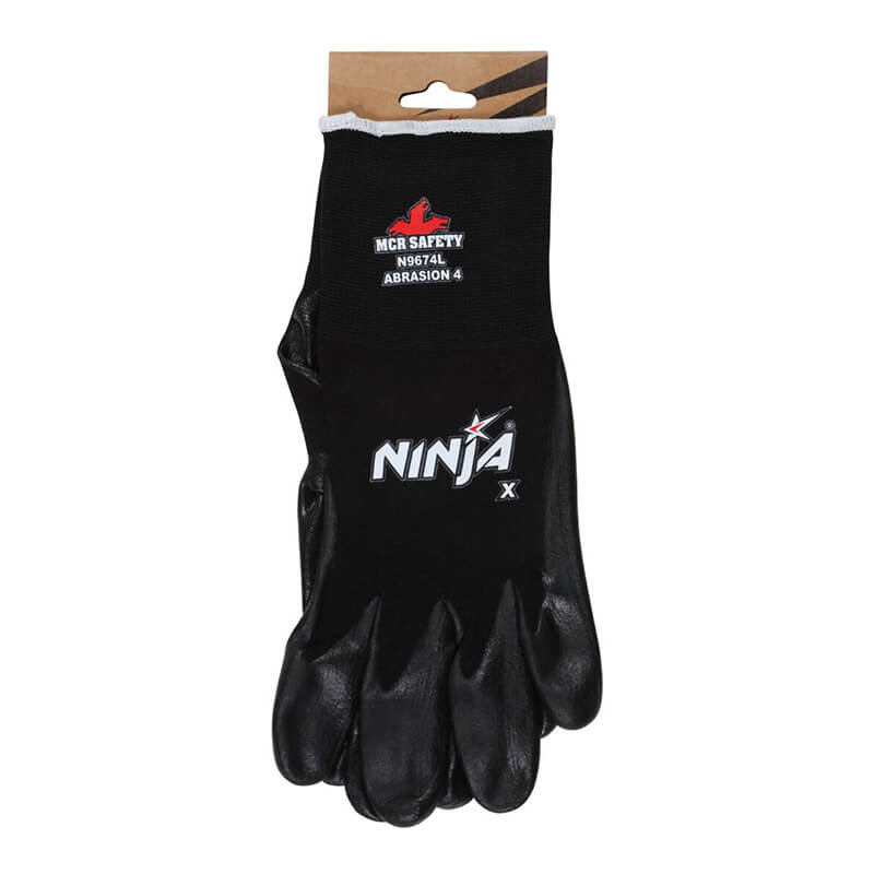 A black MCR Safety Ninja X Professional Grade Glove N9674, shown on a white background, features a rubber-coated palm and fingers with “MCR SAFETY N9674L ABRASION 4” and “NINJA X” printed on the back for professional hand protection.