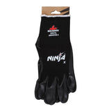 A black MCR Safety Ninja X Professional Grade Glove N9674, shown on a white background, features a rubber-coated palm and fingers with “MCR SAFETY N9674L ABRASION 4” and “NINJA X” printed on the back for professional hand protection.