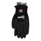 A pack of 12 pairs of MCR Safety Ninja Ice Insulated Work Gloves N9690Q, featuring advanced HPT coating and textured palms for hand protection, hangs from MCR Safety packaging labeled "Abrasion 3" against a white background.