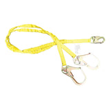 The French Creek Production 6' Dual Leg Tubular Shock Absorbing Lanyard features two large hooks and a small clasp for fall protection, making it ideal for construction or industrial use.