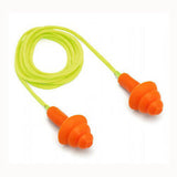 The Pyramex RP3001 Series Reusable Corded Earplugs by Pyramex Safety feature bright orange earplugs with flexible rubber flanges, connected by a lime green cord, designed for a snug fit in the ears.