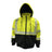 The PIP Heavy-Duty ProDuck Bomber Jacket w/Breakaway Snap Hood is a hi-vis yellow work safety jacket with black bottom, reflective silver stripes, black cuffs, and ANSI Type R Class 3 zippered design for comfort and visibility.