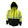 The PIP Heavy-Duty ProDuck Bomber Jacket w/Breakaway Snap Hood is a hi-vis yellow work safety jacket with black bottom, reflective silver stripes, black cuffs, and ANSI Type R Class 3 zippered design for comfort and visibility.