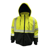 The PIP Heavy-Duty ProDuck Bomber Jacket w/Breakaway Snap Hood is a hi-vis yellow work safety jacket with black bottom, reflective silver stripes, black cuffs, and ANSI Type R Class 3 zippered design for comfort and visibility.