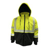 The PIP Heavy-Duty ProDuck Bomber Jacket w/Breakaway Snap Hood is a hi-vis yellow work safety jacket with black bottom, reflective silver stripes, black cuffs, and ANSI Type R Class 3 zippered design for comfort and visibility.