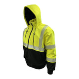The PIP Heavy-Duty ProDuck Bomber Jacket w/Breakaway Snap Hood features high-visibility yellow with black accents, reflective silver stripes for safety, and meets ANSI Type R Class 3 standards.
