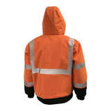 A person shown from the back wearing a PIP Heavy-Duty ProDuck Bomber Jacket with Breakaway Snap Hood in hi-vis orange, featuring reflective silver stripes, black cuffs, and a black waistband. ANSI Type R Class 3 workwear by PIP.