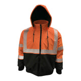 The PIP Heavy-Duty ProDuck Bomber Jacket w/Breakaway Snap Hood by PIP is a hi-vis orange work safety jacket with reflective silver stripes, black details, a front zipper, and drawstring hood for visibility and protection.