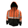The PIP Heavy-Duty ProDuck Bomber Jacket w/Breakaway Snap Hood by PIP is a hi-vis orange work safety jacket with reflective silver stripes, black details, a front zipper, and drawstring hood for visibility and protection.