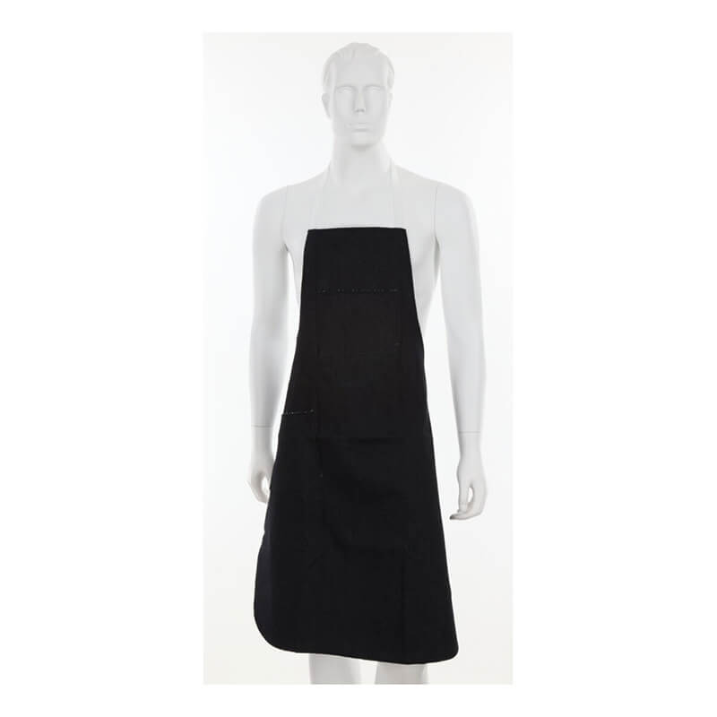 A white mannequin models the MCR Safety Denim Apron by MCR Safety, featuring a front pocket, shown against a white background.