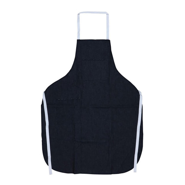 The MCR Safety Denim Apron by MCR Safety is shown laid flat on a white background, featuring white neck and waist straps.