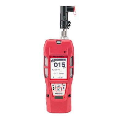 The RKI Instruments GX-6000 for Benzene Multi-Gas 72-6AZX-C is a red handheld monitor with a display, control buttons under the screen, and a black PID sensor attachment on top.