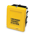 The Allegro Lockout/Tagout Wall Case 4400-L is a yellow rectangular wall case with a black latch on top and bold text reading "LOCKOUT TAGOUT STATION" on the front. It is designed for storing safety equipment and features a locking hasp suitable for industrial settings.