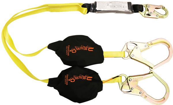 Introducing the French Creek Production U-Res-Q Self Rescue Dual Leg Lanyard R444A, featuring two hooks and black shock absorbers on a yellow strap—designed for fall safety in construction or industrial settings.