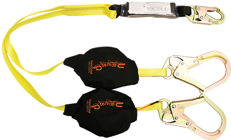 Introducing the French Creek Production U-Res-Q Self Rescue Dual Leg Lanyard R444A, featuring two hooks and black shock absorbers on a yellow strap—designed for fall safety in construction or industrial settings.