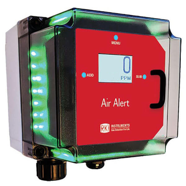 The RKI Air Alert Transmitter (PH3) by RKI Instruments is a red and black phosphine gas detector featuring a digital screen displaying "0 PPM." It includes "Menu" and "Add" buttons, provides RS-485 Modbus outputs, and has green indicator lights positioned on the left side along with a three-color LED system and buzzer.