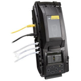 A BW IntelliDoX Docking Station for BW Clip4 DX-BWC4 in black, featuring a display screen and multiple ports. The station is connected with cables, including a yellow network cable and three white cables. There are controls and an additional screen at the bottom for efficient automated instrument management.