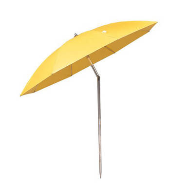 The Allegro Deluxe Umbrella 9403 by Allegro boasts a vibrant yellow canopy crafted from waterproof vinyl, providing outstanding protection from both sun and rain. It is supported by a robust metal pole and is elegantly displayed against a plain white backdrop.