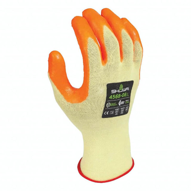 The SHOWA 4568 Cut Resistant Gloves by Showa Best feature a yellow fabric base with a striking orange rubber coating on the fingers and palm. They are designed with a black label showcasing the brand logo on the back of the hand, providing ANSI cut level 4 protection for superior safety.