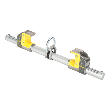 The product is the MSA Workman Stryder I-Beam Anchorage Connector 10144431, a silver metal beam with yellow and gray clamps at each end and a central ring. It is part of the MSA Workman Stryder series, making it ideal for industrial settings as a secure fall arrest solution.