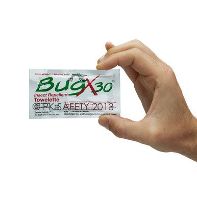 A hand holding a Coretex BugX30 Deet Insect Repellent Towelette, showcasing a protective formula with Deet. The packaging is white with green and red text.