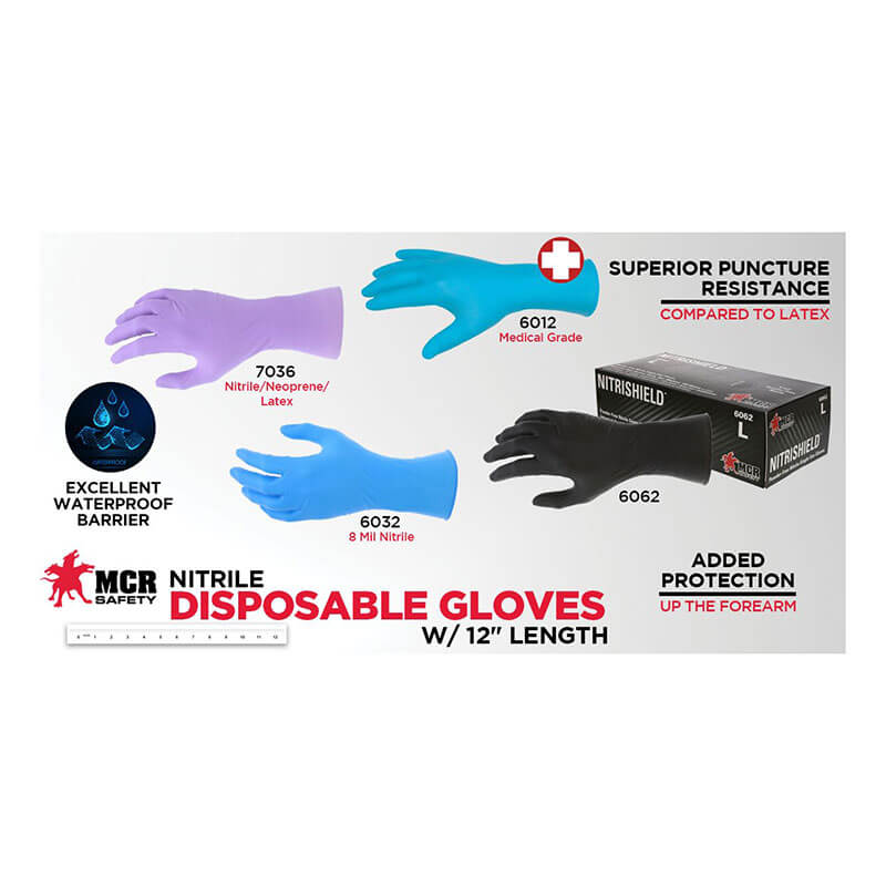 An infographic for MCR Safety NitriShield Stealth Extra Gloves 6062 (10 boxes) shows three glove types—purple, blue, and black—spotlighting superior puncture resistance, a waterproof barrier, and extra forearm protection.