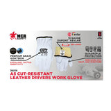 A packaging image for MCR Safety Premium Grain Goatskin Driver Gloves 3601K (12 pairs), highlighting a Kevlar liner, quadruple protection, and labeled resistance to abrasion, cut, heat, and puncture.