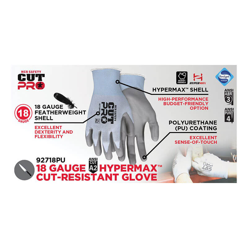 Image of gray MCR Safety CutPro 18 Ga HyperMax PU Gloves 92718PU (12 pairs) by MCR Safety. Features: featherweight 18-gauge HPPE shell, polyurethane coating, and ANSI A2 cut level. Includes text and glove graphic.