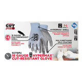 Image of gray MCR Safety CutPro 18 Ga HyperMax PU Gloves 92718PU (12 pairs) by MCR Safety. Features: featherweight 18-gauge HPPE shell, polyurethane coating, and ANSI A2 cut level. Includes text and glove graphic.