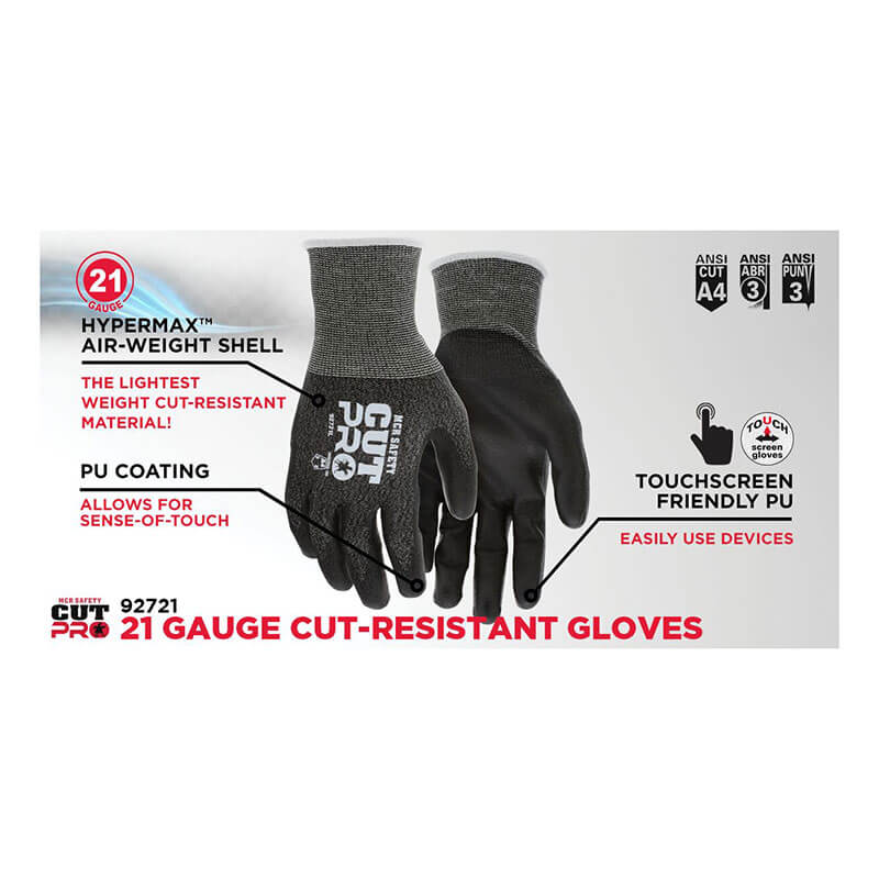 Packaging for MCR Safety Cut Pro 21G HyperMax PU Coated Gloves 92721 (12 pairs) shows one glove palm-up, one palm-down, and highlights a lightweight HyperMax shell, abrasion-resistant PU coating, and touchscreen compatibility.