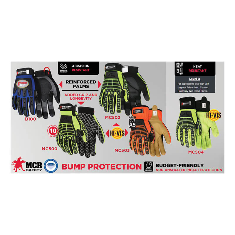 A display features five pairs of MCR Safety Blue ForceFlex Multi-Task Gloves B100 in assorted colors and styles, with labels noting abrasion and heat resistance, reinforced synthetic leather palms, grip, and budget-friendly options.