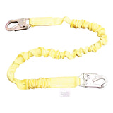 The French Creek Production 6' Elastic Tubular Shock Absorbing Lanyard is yellow with metal hooks at both ends, designed for fall protection or securing objects, and is displayed on a white background.
