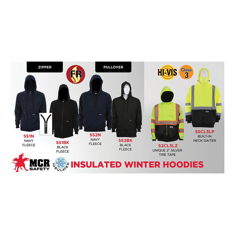Displayed are five insulated winter hoodies, including the MCR Safety FR Max Comfort Hooded Sweatshirt Black SS2BK, two navy zip-up fleeces, one black zip-up fleece, one navy FR pullover, plus two hi-vis yellow options.