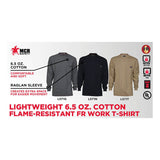 Three MCR Safety FR Lightweight Long Sleeve T-Shirts (Gray LST1G) are shown in gray, black, and khaki. Highlights include 6.5 oz. cotton, raglan sleeves, comfort fit, and NFPA 2112 standards. Safety icons and the MCR Safety logo are visible on the right.