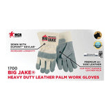 Two gray and beige MCR Safety Big Jake Premium Leather Palm Work Gloves (12 pairs, style 1700) are shown, featuring Kevlar stitching, A+ side leather, and durable palm protection for heavy duty work.