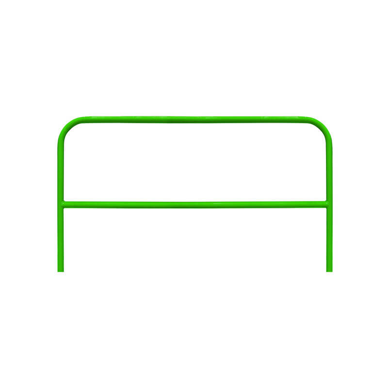 The Frontline Guardrail System for Concrete/Steel Substrates by Frontline Fall Protection is a green metal rail with rounded corners and a mid-horizontal bar, designed as a fixed guardrail system for effective edge protection.