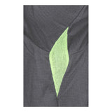 Close-up of MCR Safety Summit Breeze 5.5 oz FR Shirt (SBS100_) dark gray fabric with a textured, triangular green mesh insert and triple vent technology for arc flash protection and breathability in a striking geometric design.