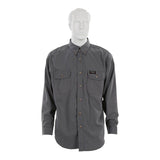 A mannequin wearing the MCR Safety Summit Breeze 5.5 oz FR Shirt SBS100_, a long-sleeve gray button-up with two chest pockets, brown buttons, and triple vent technology for enhanced comfort and protection.