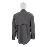A mannequin is shown from the back wearing the MCR Summit Breeze 5.5 oz FR Shirt SBS100_ by MCR Safety, featuring long sleeves, dark gray color, and triple vent technology with an upper back vented flap for improved ventilation and arc flash protection.
