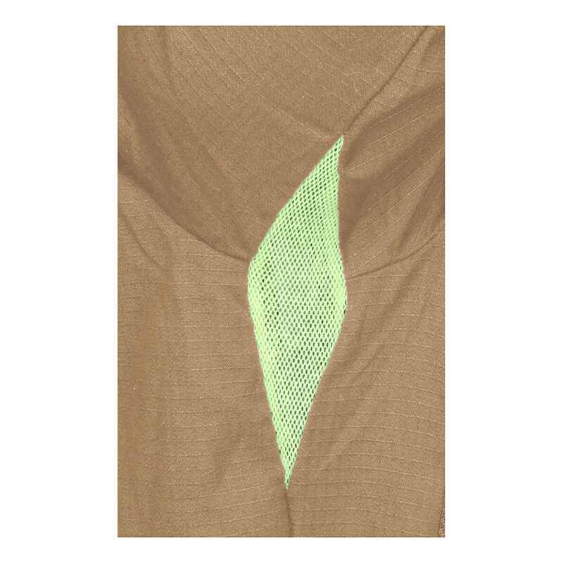 Close-up of the MCR Safety Summit Breeze 5.5 oz FR Shirt SBS100_ in brown, highlighting triple vent technology and a diagonal slit showing light green mesh beneath.