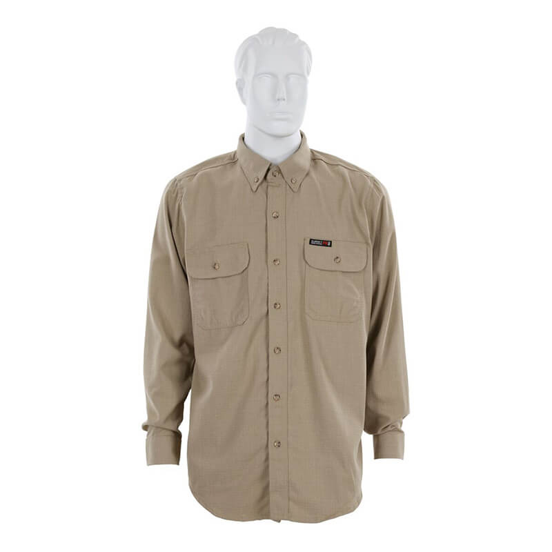 A mannequin is wearing the MCR Safety Summit Breeze 5.5 oz FR Shirt SBS100_, a long-sleeve khaki shirt with arc flash protection, two front chest pockets with buttoned flaps, and a small black label on the left pocket.