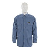 A mannequin wears the MCR Summit Breeze 5.5 oz FR Shirt SBS100_ by MCR Safety, a long-sleeve blue shirt featuring two chest pockets, button-up front, triple vent technology for comfort, and a black patch on the left pocket.