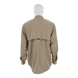 A mannequin wears the MCR Safety Summit Breeze 5.5 oz FR Shirt SBS100_, shown from the back in light brown, featuring triple vent technology, a vented back yoke, and a central black tag for added comfort and protection.