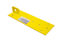 The French Creek Reusable Single Plate Roof Anchor MRA-R1, produced by French Creek Production, is a yellow rectangular metal bracket designed for roof anchoring. It has a mounting hole at one end and multiple smaller holes for bolts. A white label on the surface indicates its suitability for reusable fall protection applications.