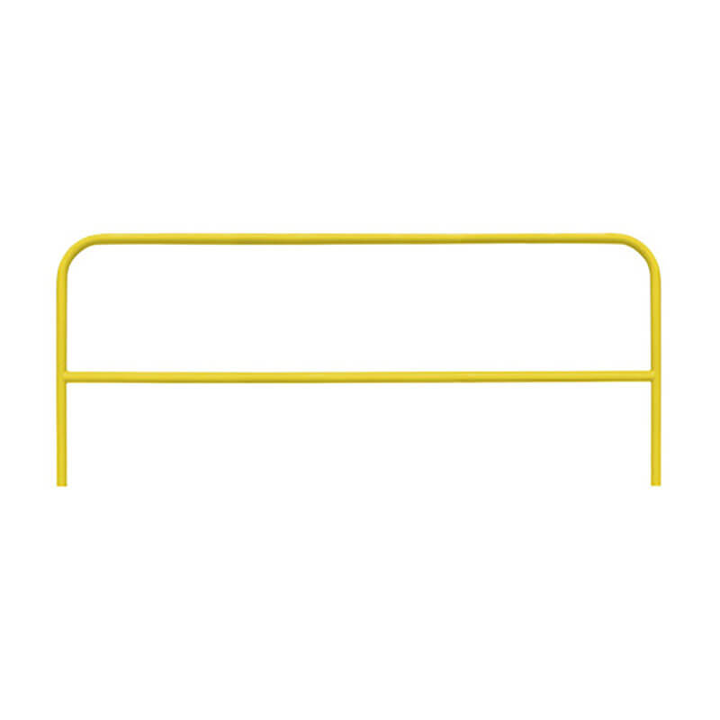 The Frontline Guardrail System for Concrete/Steel Substrates by Frontline Fall Protection is a simple yellow metal guardrail with two vertical supports and a rounded top rail, providing effective perimeter edge protection.